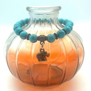 Turquoise Beaded Stretch Bracelet with Elephant Charm Jewelry BOHo Hippie animal
